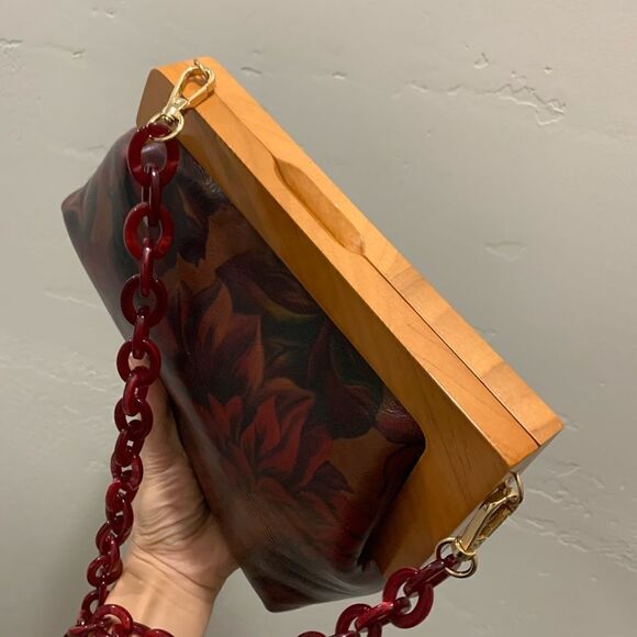 Handmade Genuine Premium Leather Floral Print Wooden Frame Bag with 2 Straps - Picture 10 of 16